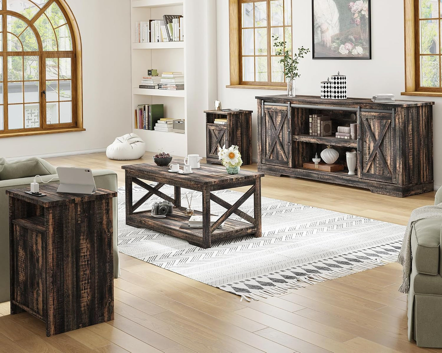 AMERLIFE 4-Piece Farmhouse Table Set Includes Sliding Barn Door TV Stand, Coffee Table& Two End Tables, Side Table with Charging Station and USB Ports, for Living Room, Dark Oak, 66"