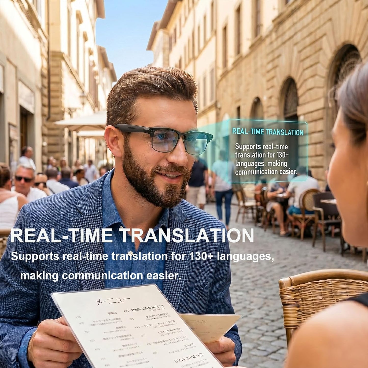 AI Smart Glasses with Camera, 8MP Camera Glasses for Life Vlog Travel Work, 4K Video Recording glasses for Women Men, Real-Time Translation, Voice Assistant, Calls, Bonus Blue Light Lenses Included
