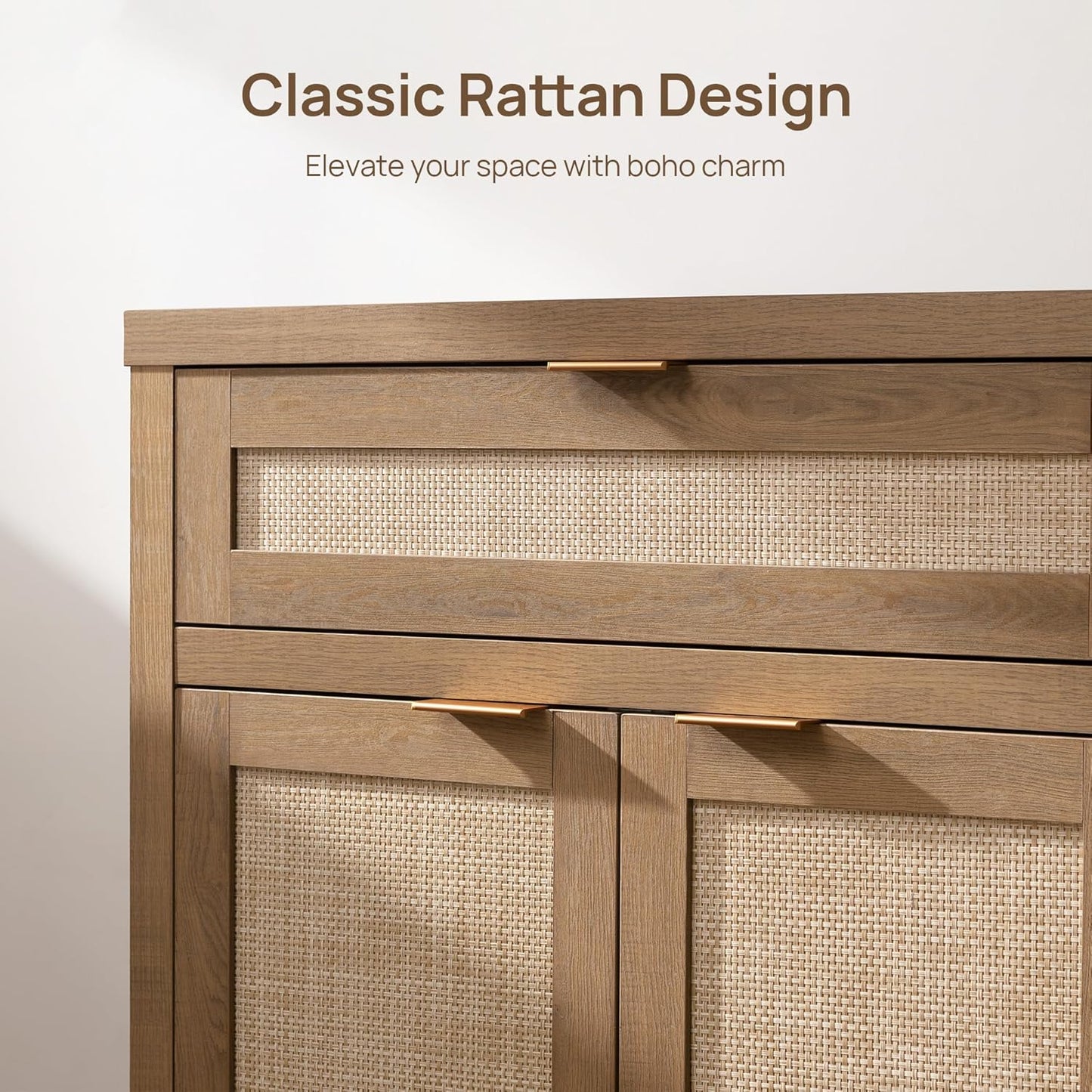 SICOTAS Sideboard Buffet Cabinet Set of 3, Rattan Credenza Storage Cabinet, Boho Buffet Table Console Cabinets with Drawer, Farmhouse Coffee Bar for Living Room, Natural Oak