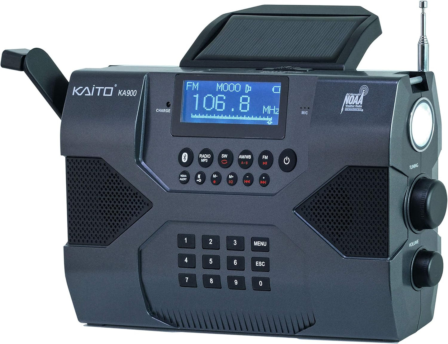 Kaito Emergency Radio Voyager Max KA900 Digital Solar Dynamo Crank Wind Up AM/FM/SW & NOAA Weather Stereo Radio Receiver with Bluetooth, Real-time Alert, MP3 Player, Recorder & Phone Charger, Black