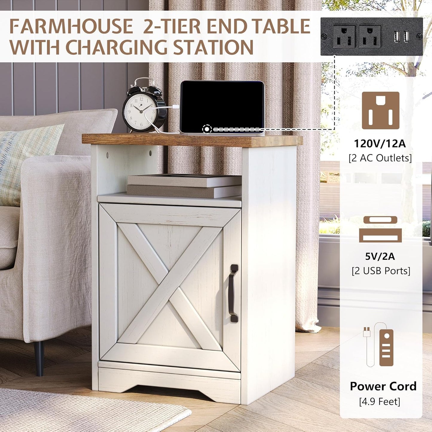 LUXOAK 3-Piece Farmhouse Living Room Table Sets, Includes 1 x Coffee Table, 2 x End Tables with Charging Station & USB Ports, Rustic Coffee Table Set of 3, Distressed White