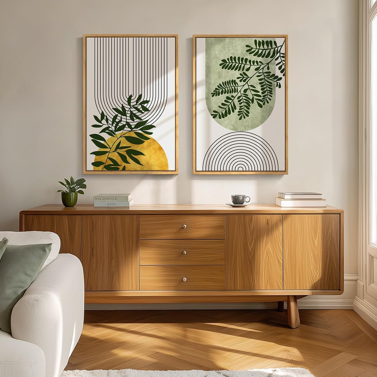 Framed Green Boho Wall Art for Living Room, Set of 2 Neutral Bohemian Botanical Geometric Artwork for Walls, Large Mid Century Modern Canvas Painting Print Wall Decor for Bedroom Office, 20x30 Inch