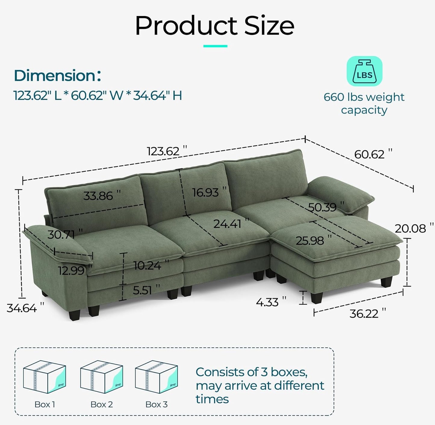 LINSY HOME 123" Modular L-Shaped Sectional Sofa, 3-Seat Corduroy Modern Cloud Couch with Deep Seat & 1 Movable Ottoman, Perfect for Living Room, Office, Bedroom, Green