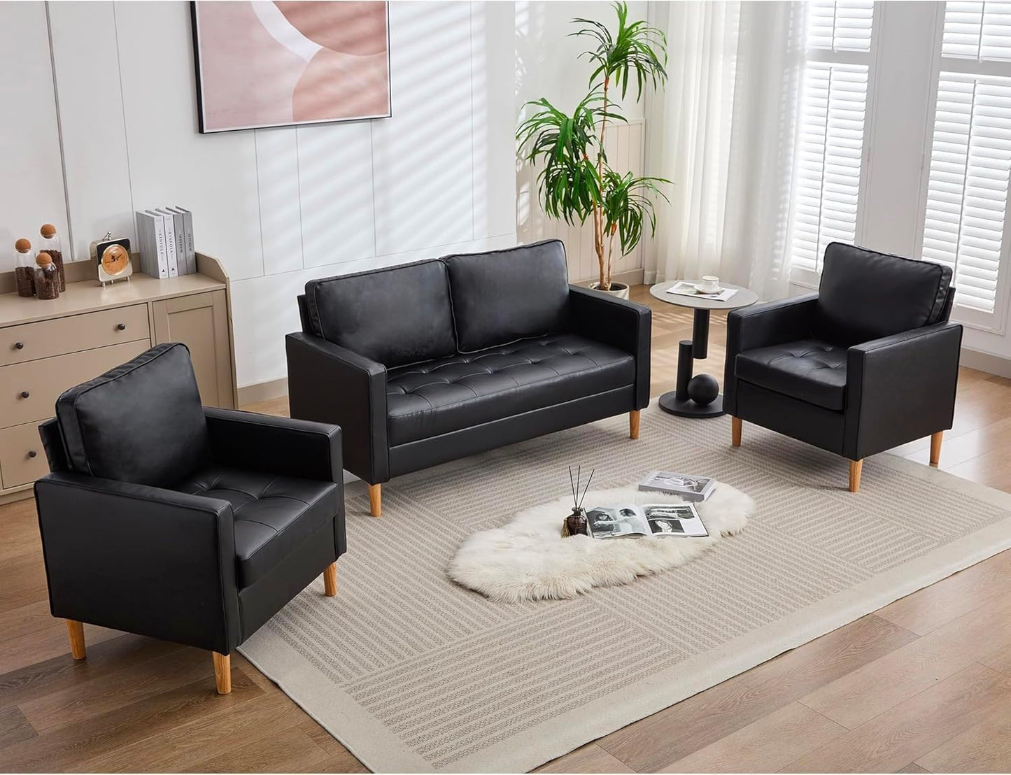 TYBOATLE 57" Small Black Faux Leather Sofa Couch, 3 Piece Living Room Set, Mid-Century Modern Tufted Comfy Loveseat, 2 Seater Office Couches Love Seat for Small Space Bedroom Drom Apartment Playroom