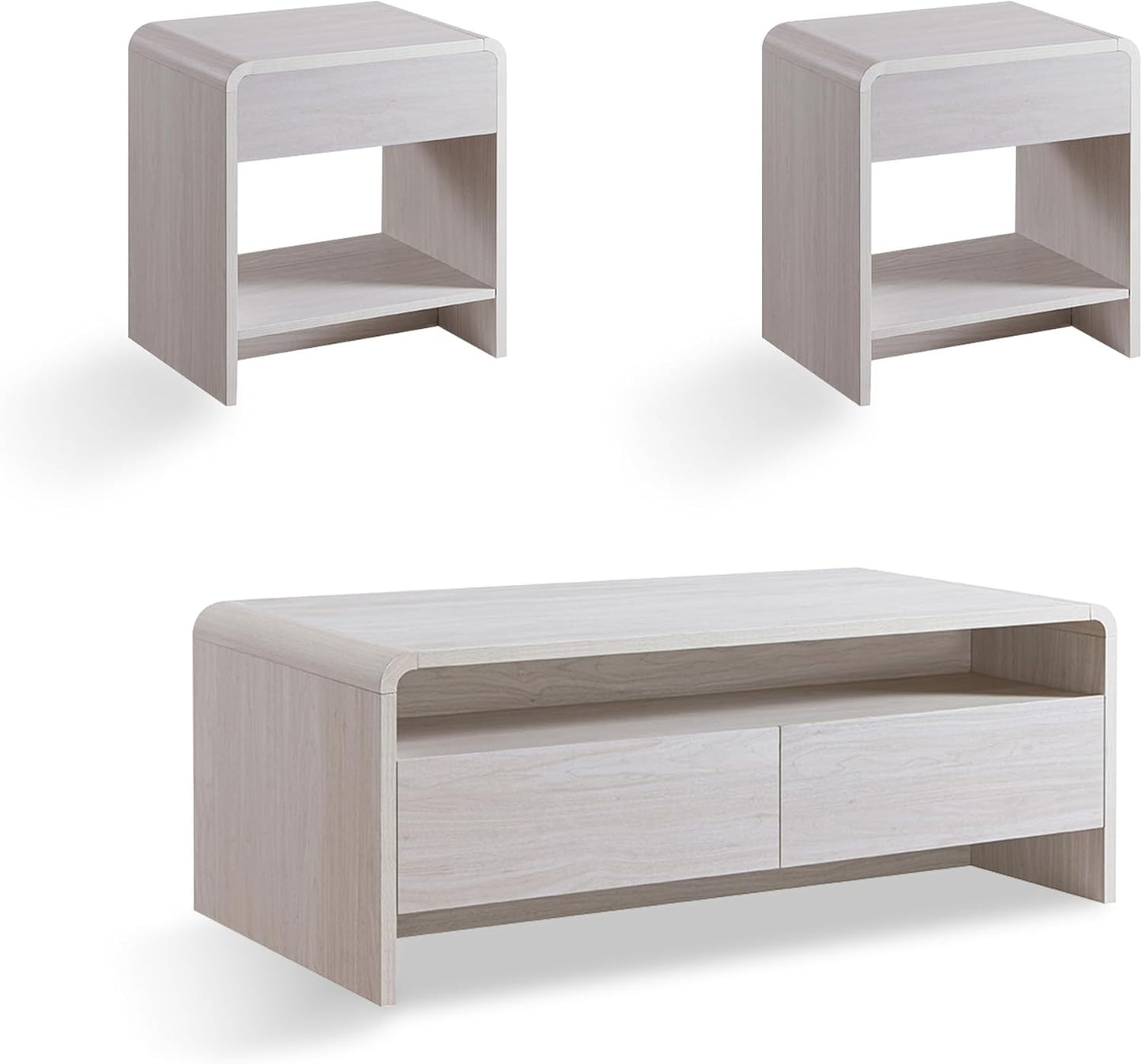 AMERLIFE 3-Piece Living Room Table Set, Includes Coffee Table & 2 End Tables, Modern Coffee Table Sets with Large Storage Drawers & Smooth Rounded Edges, White