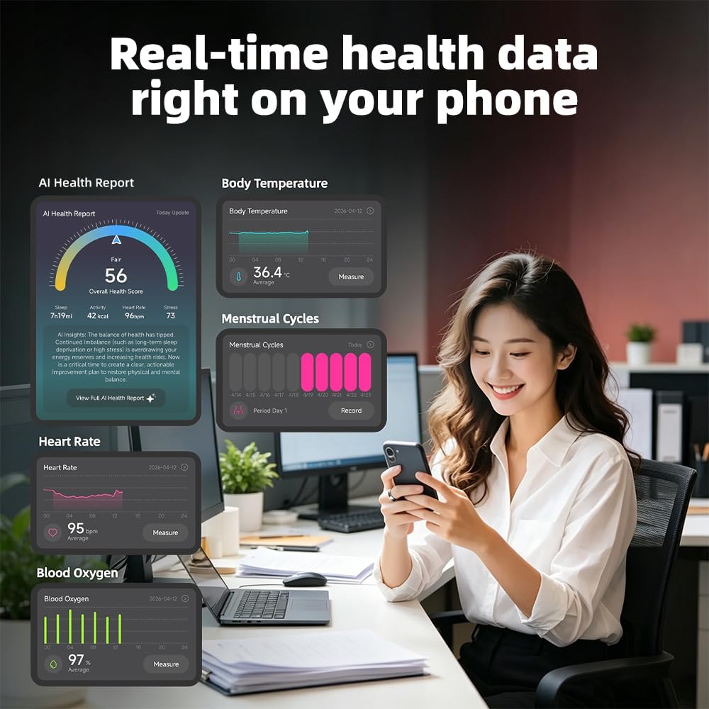 Smart Ring | No Subscription, Heart Rate & Blood Oxygen Monitoring, Sleep & Women's Health Tracking, AI Health Advisor, IP68 Waterproof Fitness Ring for Android & iOS (Silver, 9#)