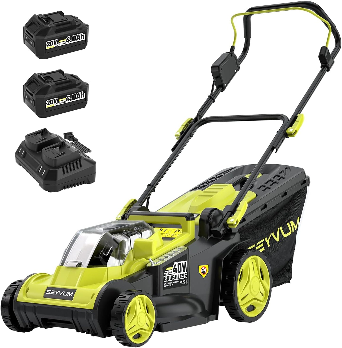 SEYVUM 40V 16-inch Cordless Lawn Mower with 45L Grass Collection Bag, 6 Position Height Adjustment Electric Lawn Mower, 2 x 20V 4.0Ah Battery Powered Push Lawnmower, 2.4A Fast Charger, Lemon Green