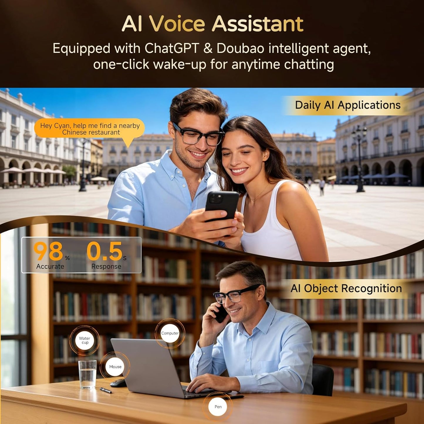 AI Smart Glasses with Camera, 8MP 4K HD Video & Photo Capture, Real-Time Translation, Recording Glasses with AI Assistant, Open-Ear Audio, Object Recognition, for Vlog, Outdoor & Hiking,Black-Business