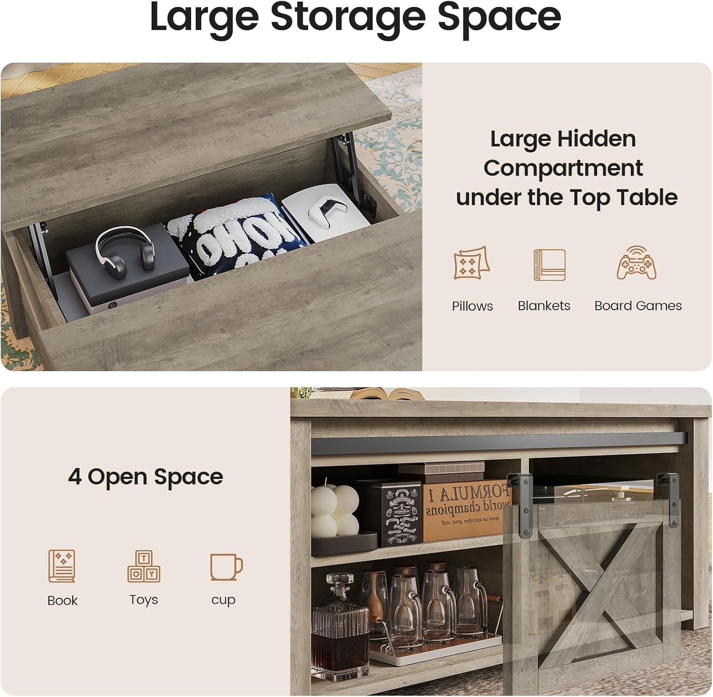 SEDETA 31.5" Lift Top Coffee Table with Storage, Square Coffee Tables for Living Room, Farmhouse Coffee Table with Large Hidden Storage Compartment and Adjustable Shelves, Grey