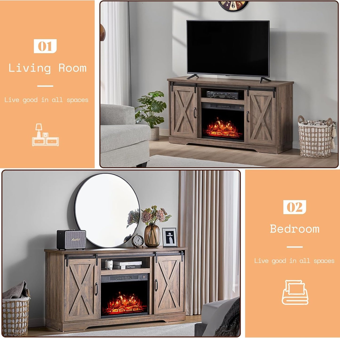 AMERLIFE 5-Piece Farmhouse Table Set Includes Fireplace TV Stand, Coffee Table& Two End Tables with Charging Station and USB Ports, for Living Room, Barnwood