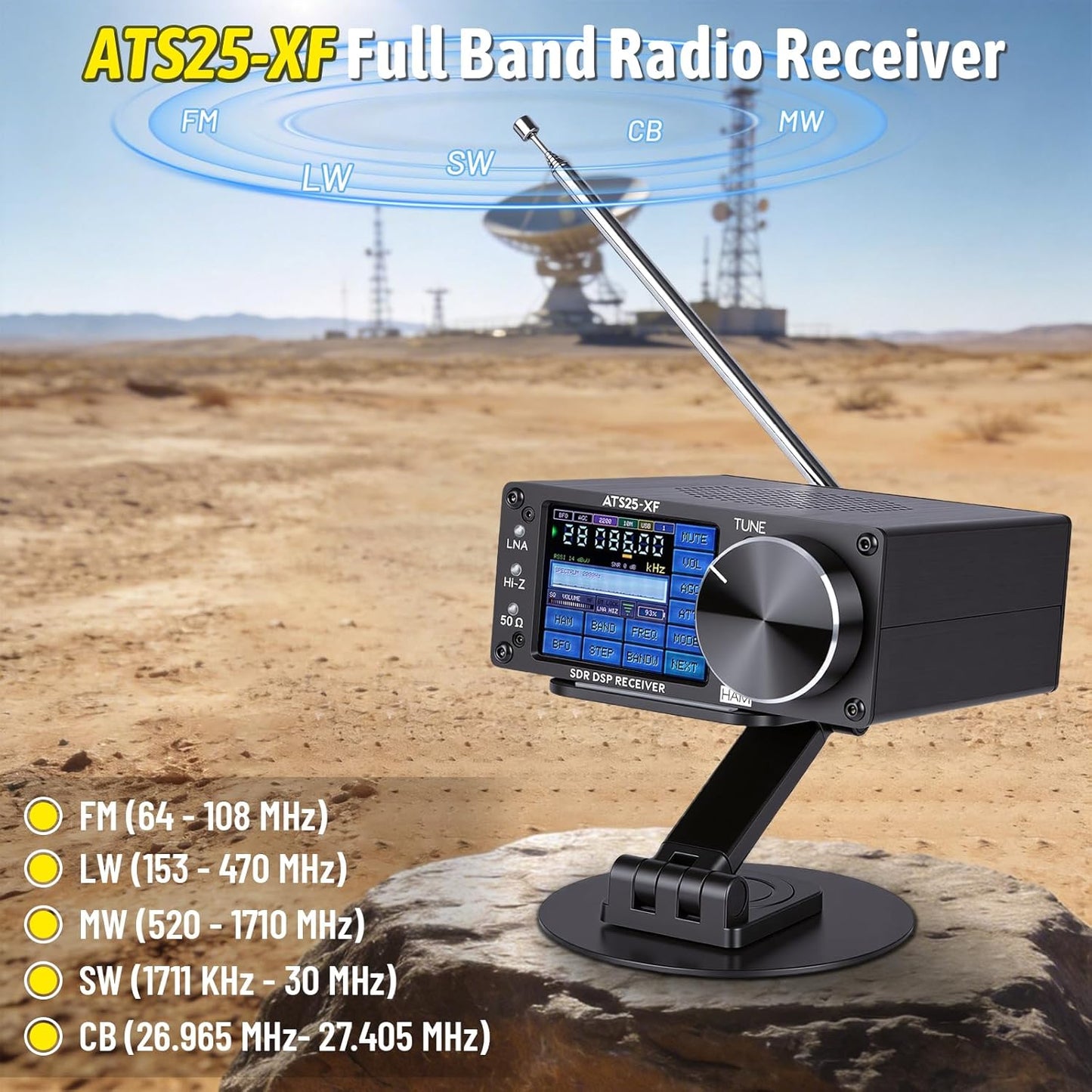 Upgraded V4.20 ATS25-XF Si4732 DSP Portable Shortwave Radio Receiver,FM LW SW MW CB SSB WiFi Function Full Band Radio Receiver,CW FT8 RTTY PSK Hell Digital Decoder with Bracket&2 Circular Antennas