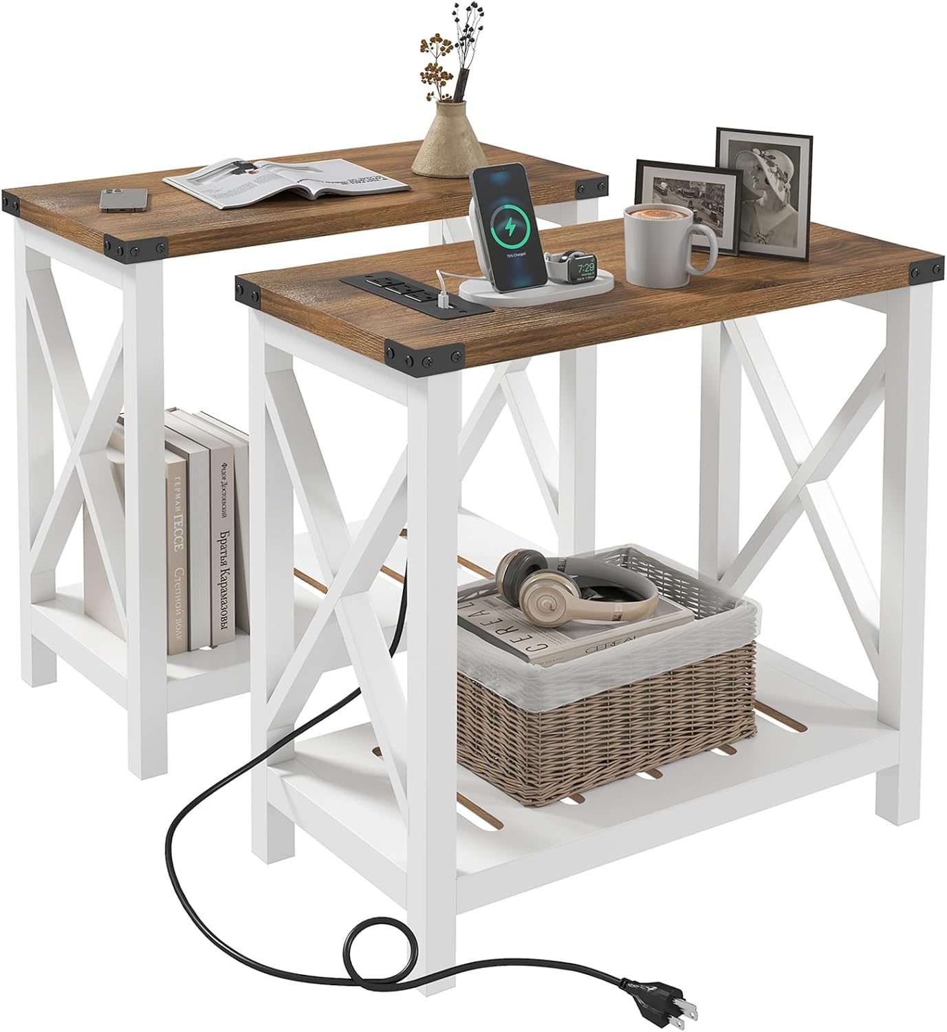 Hadulcet Farmhouse End Tables Living Room Set of 2, Narrow Side Table with Charging Station, Slim Nightstand for Small Space, Skinny Bedside Table, Sofa Side Table with Storage Shelf, White & Brown