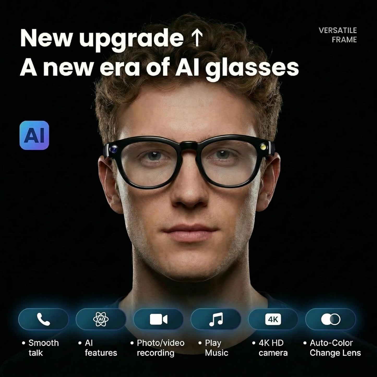 AI Smart Glasses with 8MP Camera, 1080P Video Recording Sunglasses with Audio, Real-Time Translation & Object Recognition, Bluetooth Smart Eyewear withVoice Assistant (Black)