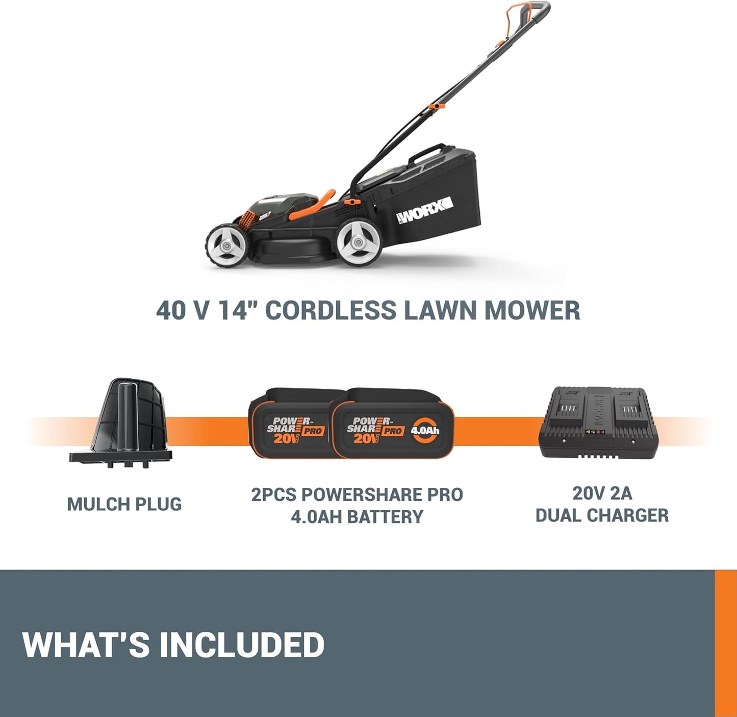 WORX 14" Cordless Lawn Mower, 2 in 1 Electric Mower Cuts Quietly, Compact & Lightweight Push Lawn Mower with 6-Position Height Adjustment for Small Yards, 2 Batteries & Charger Included, WG779