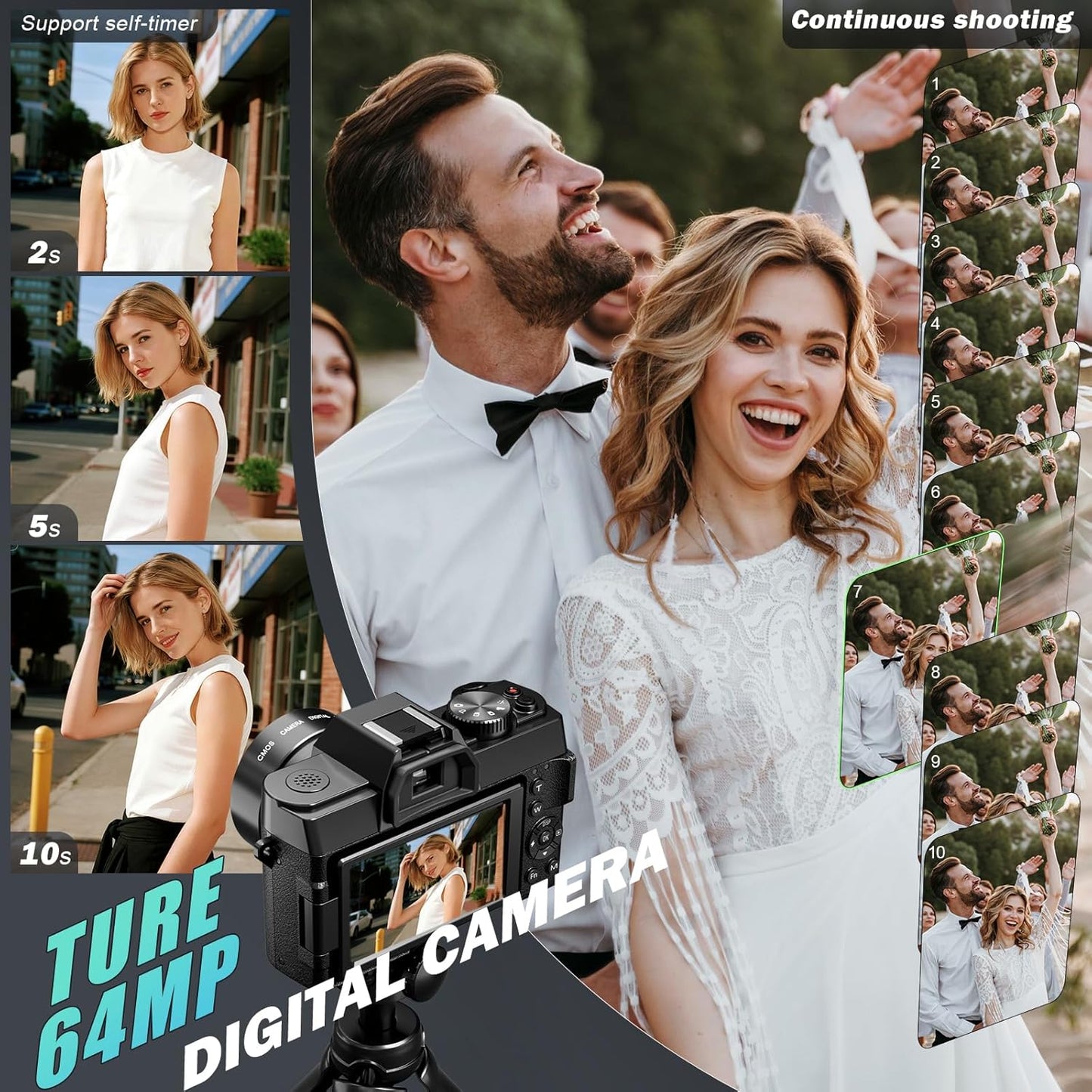 True 8K Digital Cameras for Photography 64MP - WiFi, Wide-Angle & Macro Lens, 16X Zoom Autofocus, 3" 180° Flip Screen, 64GB Card, Vlogging Camera for YouTube Travel(Black)