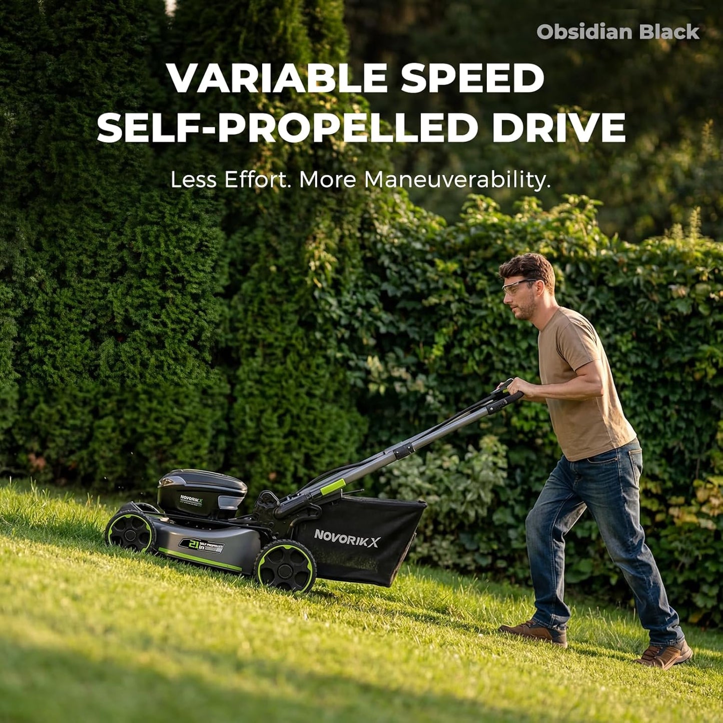 NovorikX 60V 5Ah Self-Propelled Electric Cordless Lawn Mower with 5.0Ah Battery 21-Inch, Brushless Mower for Large Yards, LED Headlight, Rapid Charger 3-in-1 Versatility Obsidian Series