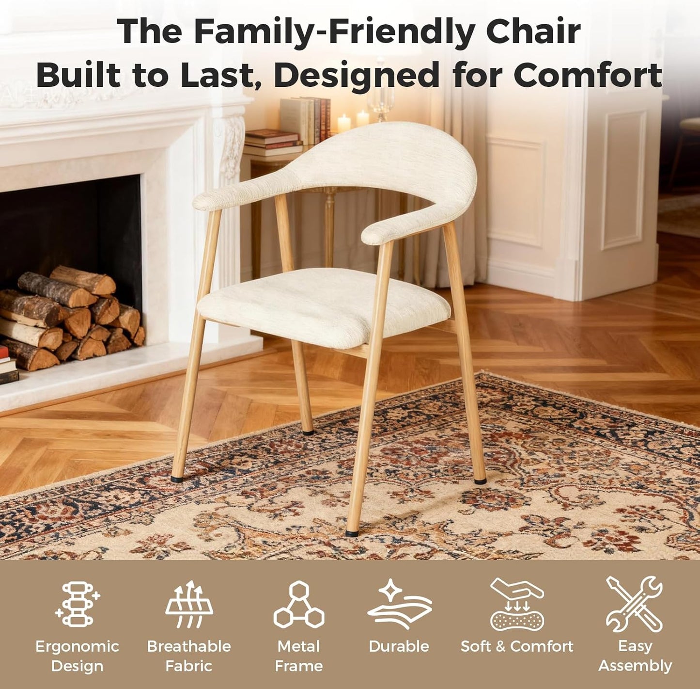 DUMOS Dining Chairs Set of 4, Linen Fabric Upholstered Kitchen Side Chairs with Curved Backrest & Metal Legs, Modern Farmhouse Accent Chairs for Dining Room Kitchen Living Room Cafe, Beige