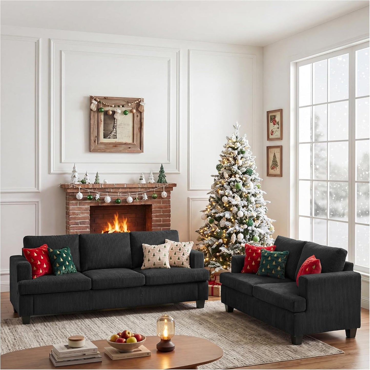 Apicizon Loveseat & 3 Seater Sofa Sets, 89" Couch Sofa Set for Living Room Furniture, 2 Piece Modern Sleeper Sofa with Deep Seat Cloud Couch for Apartment Lounge, Black Corduroy