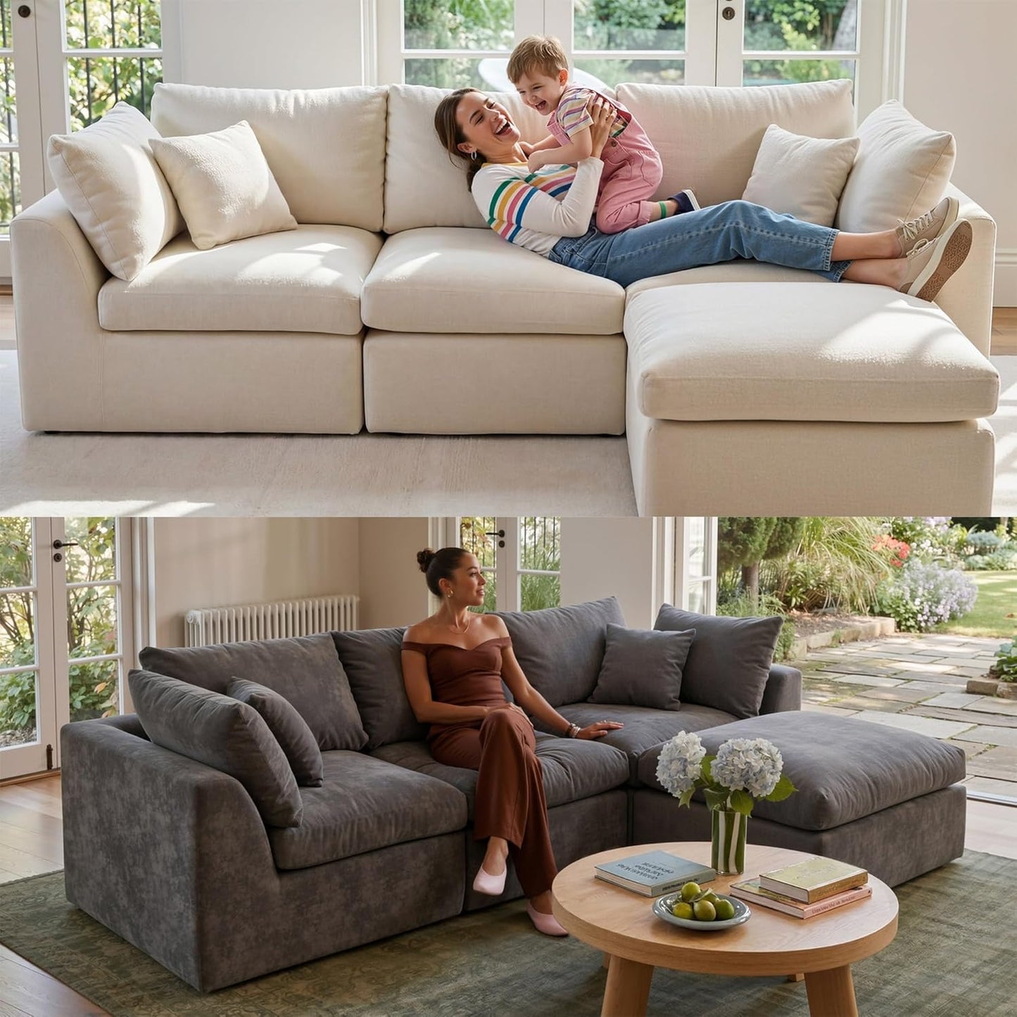 Amsleekey 108" Cloud Sectional Couches, with 1 Extra Washable Cover, L Shaped 25.6" Deep Seat Couch with Ottoman, Oversized Comfy Living Room Sofa, DIY Color Refresh (White Sofa + Gray Cover Set)