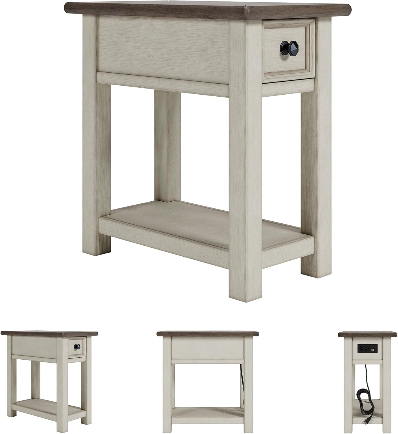 Signature Design by Ashley Bolanburg Chairside End Table With Charging Station, Two-Tone Wood Accent Table With Drawer Storage, Plank Top Design for Living Room or Bedroom, Antique White