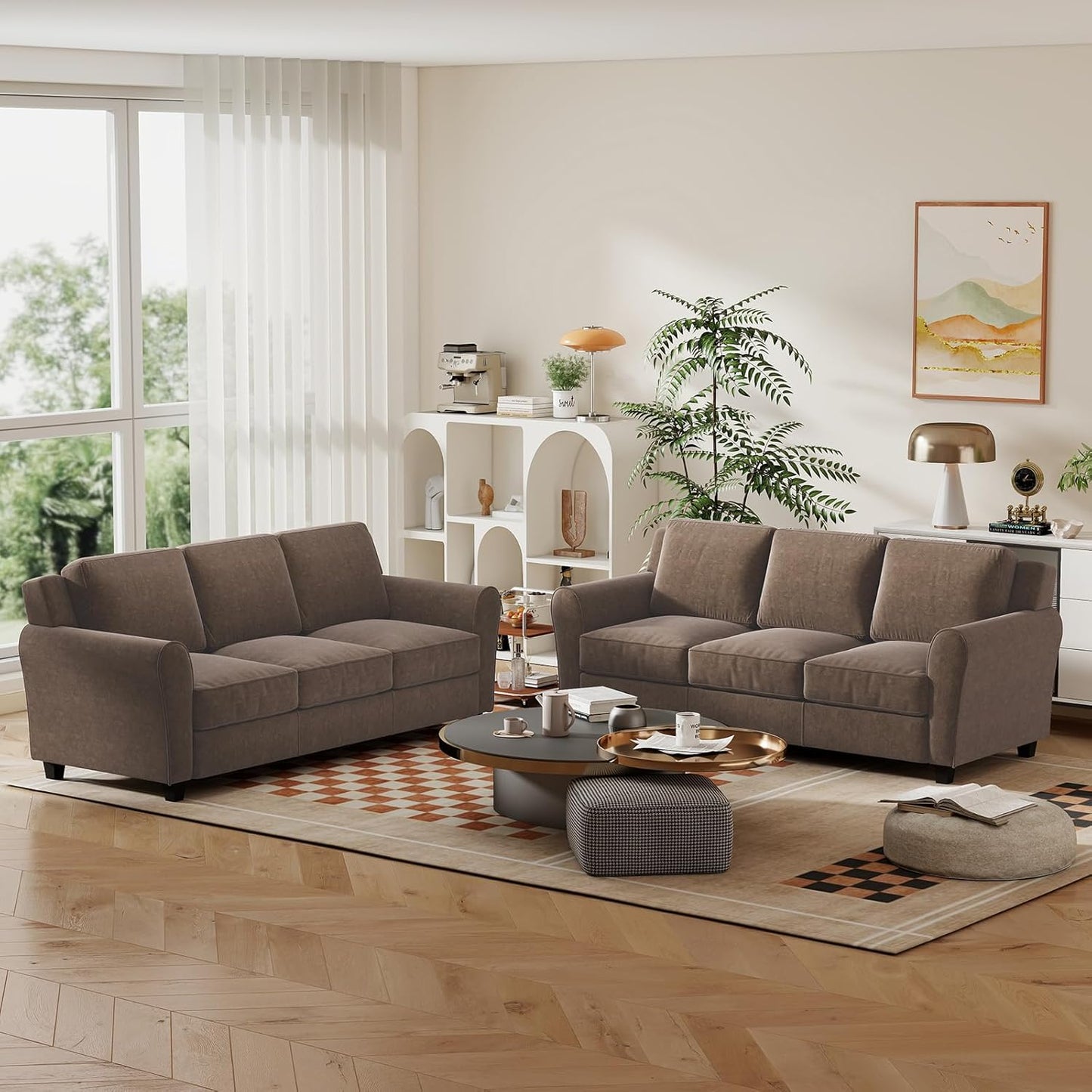 Bonzy Home 2 Piece Sofa Set, 3-Seater Sofa Couch Set of 2, Modern Comfy Sofa with Thick Cushion for Living Room Apartment Office, Brown