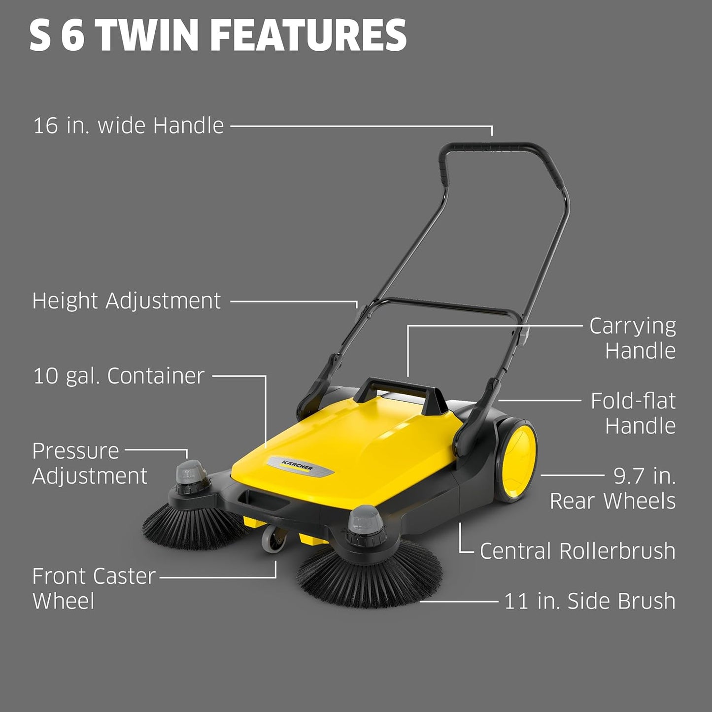 Kärcher Walk-Behind Outdoor Push Sweeper S 6 Twin for Workshops, Warehouses or Garages - 6X Faster Than a Push Broom, 10 Gallon Capacity, 33.9" Sweeping Width