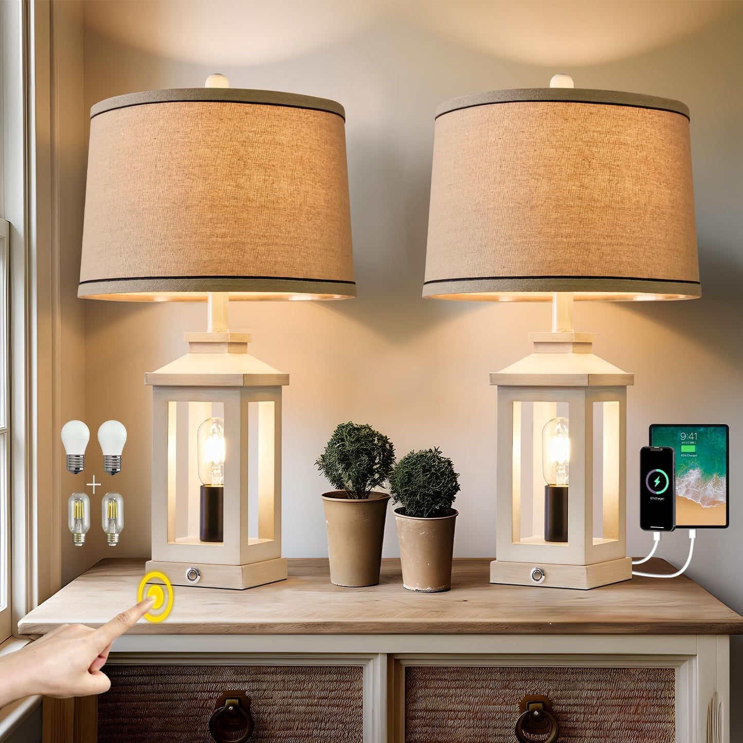 G-SAFAVA 23.75" Retro Farmhouse USB C+A Ports Table Lamp Set of 2 with 3 Way Dimmable Touch Control White Nightlight Vintage Modern Lamp for Living Room Bedroom with 2 Light Sources