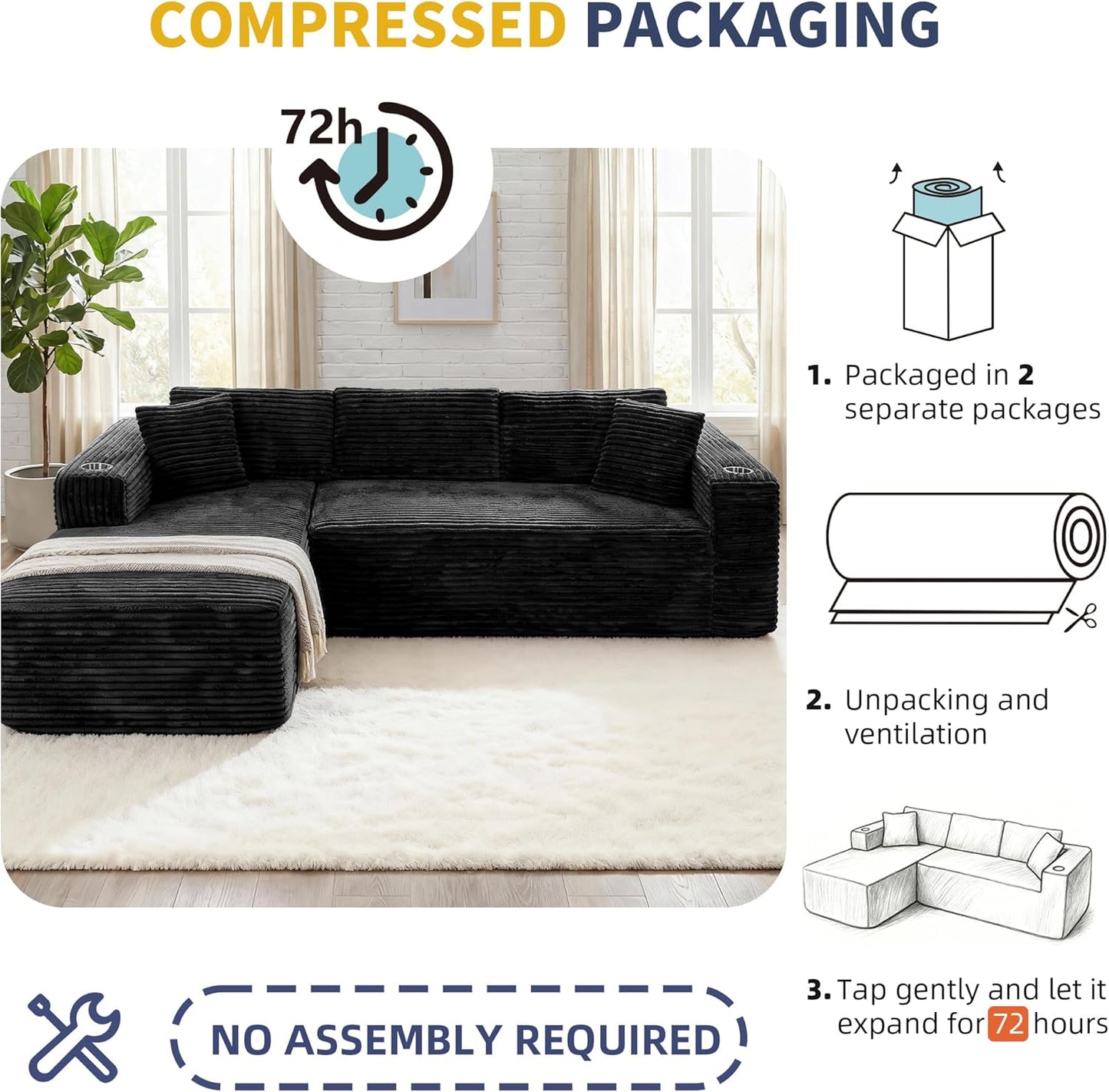 Shintenchi Boneless Couches for Living Room with 2 Cup Holders,L Shaped Modular Sectional Sofa Set,No Assembly Needed Plush Corduroy Living Room Set,Black