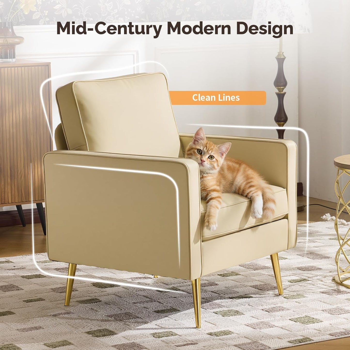 VINGLI Modern PU Leather Accent Chairs Set of 2, Single Sofa Chair with Pocket Coil Seat, Metal Backrest & Solid Wood Frame, Upholstered Armchair for Living Room, Bedroom or Office