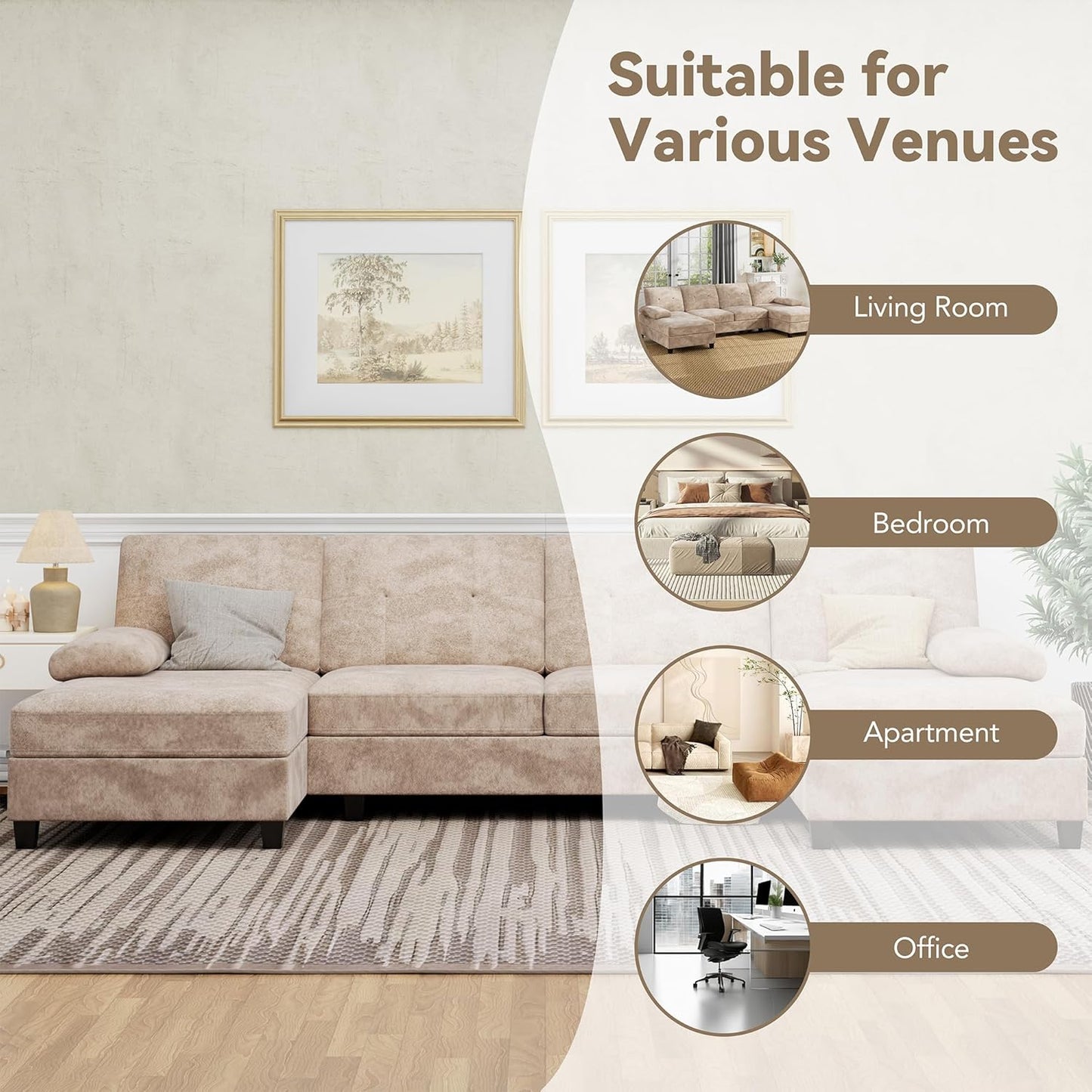 U-Shaped Sectional Couches for Living Room, 4 Seat Sofa with Double Chaise Lounges,Solid Wood Frame Sectional Sofa for Apartment,Beige
