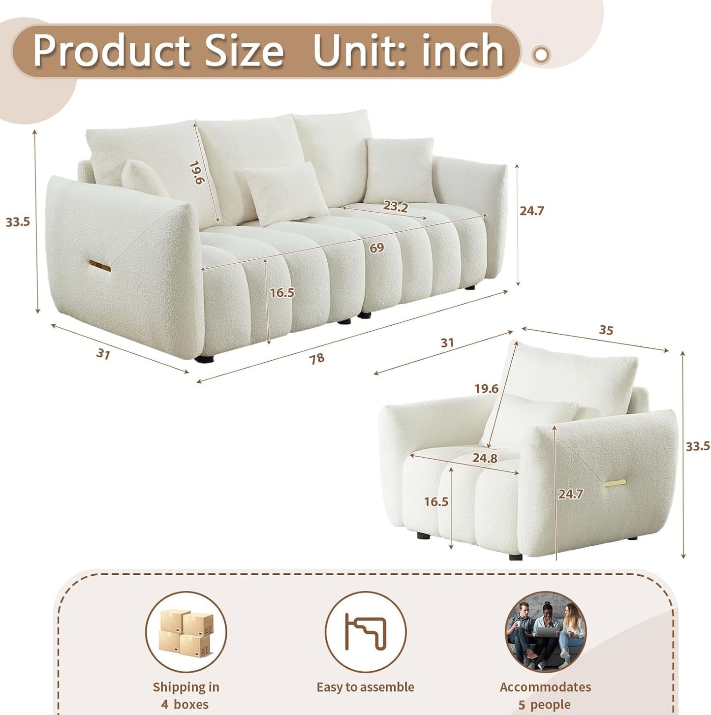 Antetek Set of 3 Teddy Sofa for Living Room, Modern 2 Units Deep Seat Sofa Chairs and an Oversized 3-Seater Cloud Boucle Couch for Bedroom, Office, Apartment, Furniture Set, Beige (3 Pieces)