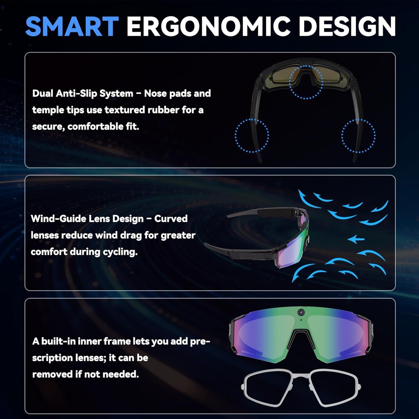 AI Smart Glasses with 32MP Camera, Video Recording Glasses with Voice Control, Built-in Microphone, AI Voice Assistant, UV Protection, for Cycling & Hiking