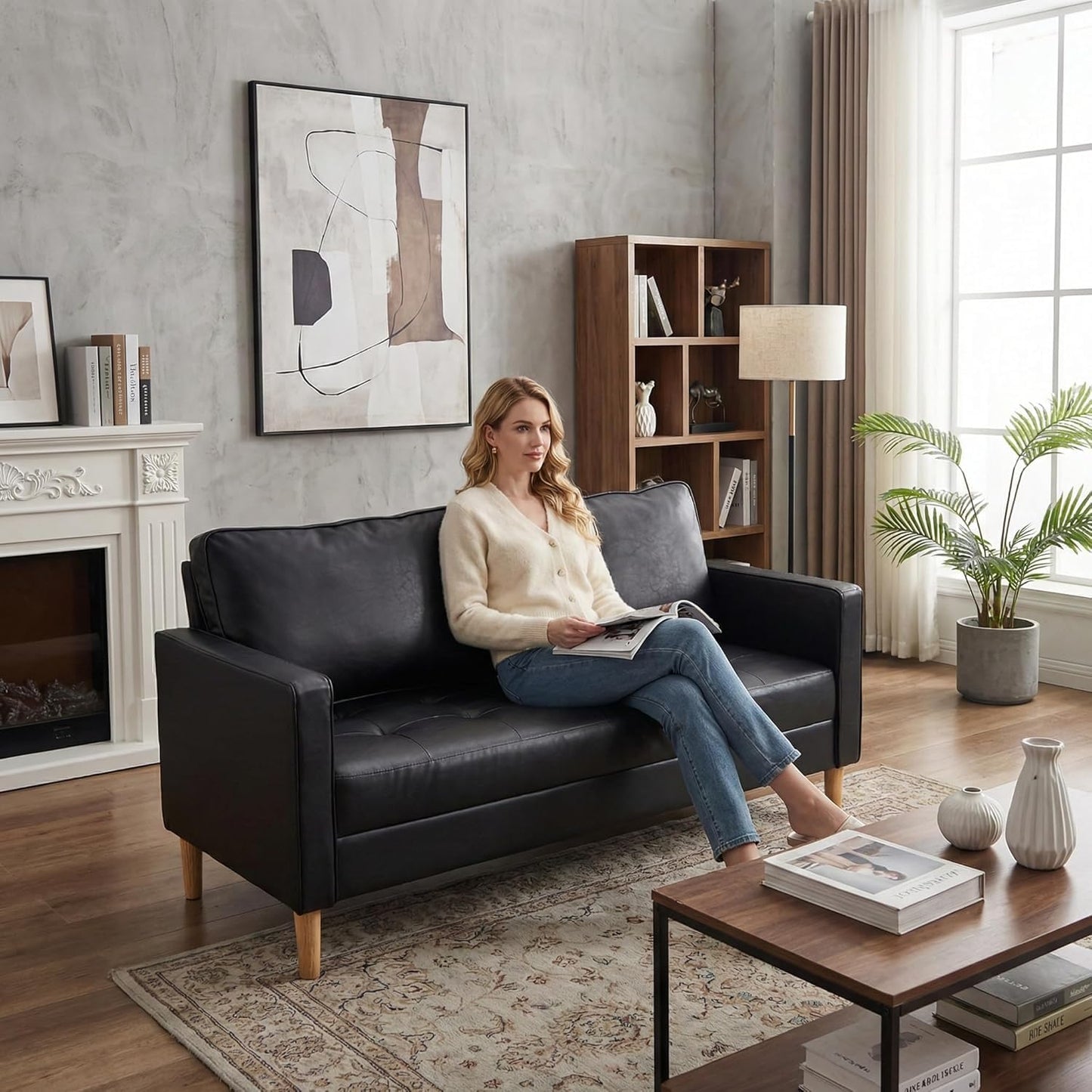 TYBOATLE 57" Small Black Faux Leather Sofa Couch, 3 Piece Living Room Set, Mid-Century Modern Tufted Comfy Loveseat, 2 Seater Office Couches Love Seat for Small Space Bedroom Drom Apartment Playroom