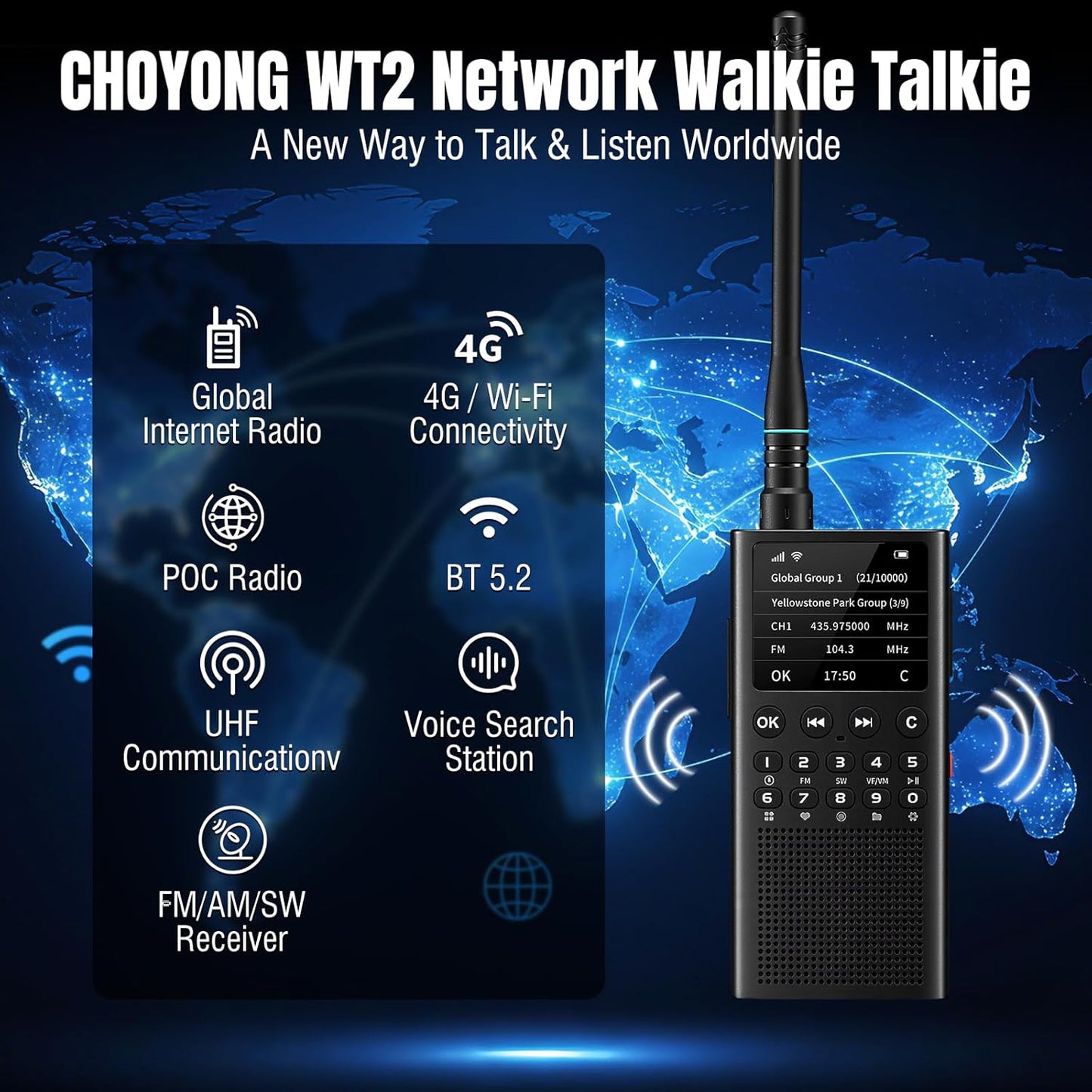 CHOYONG WT2 Network Walkie Talkie, Long Range Two-Way Radio with FM/AM/SW Receive, WiFi/4G POC Group Communication, GPT Voice Search, 2500mAh Rechargeable Battery, Black