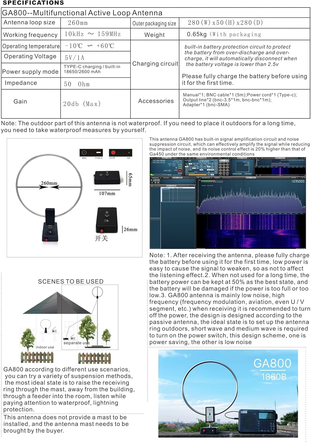 GA800 Portable Active Shortwave Antenna (Free of Tuning), WOOKLEA Loop Antenna 10kHz-159MHz, with BNC Cable, LW MW SW FM Air V Band, Used for Amateur Radio