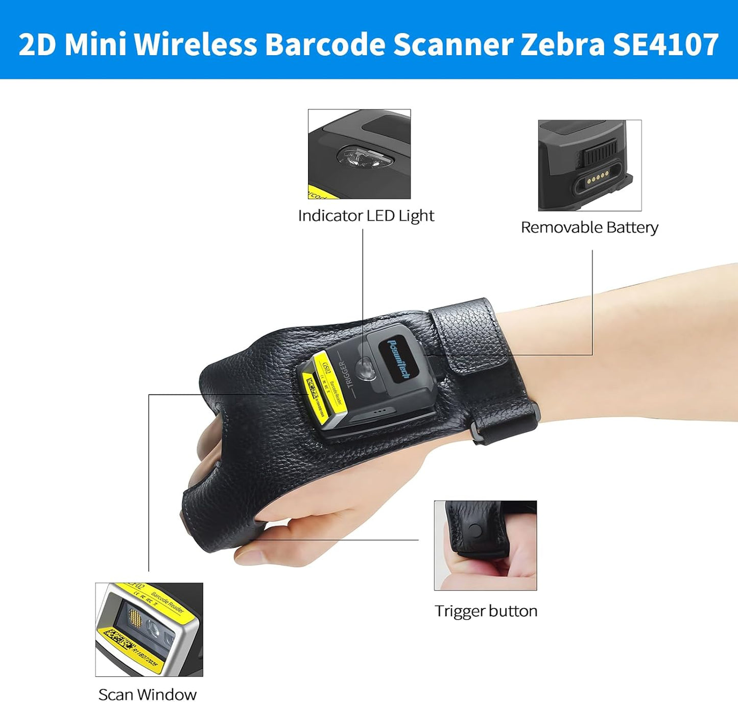 Glove Barcode Scanner 2D GS02 Wearable Zebra SE4107 Reader IP65 Touch Scanning NFC Support Multi-Language for Warehouse, Management System,