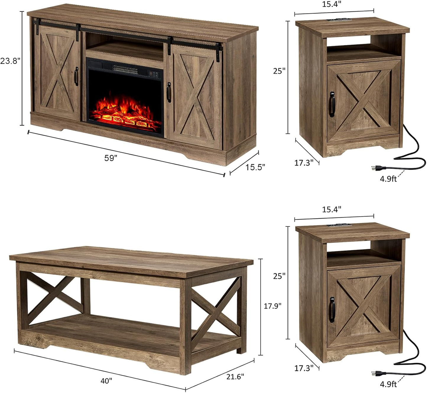 AMERLIFE 5-Piece Farmhouse Table Set Includes Fireplace TV Stand, Coffee Table& Two End Tables with Charging Station and USB Ports, for Living Room, Barnwood