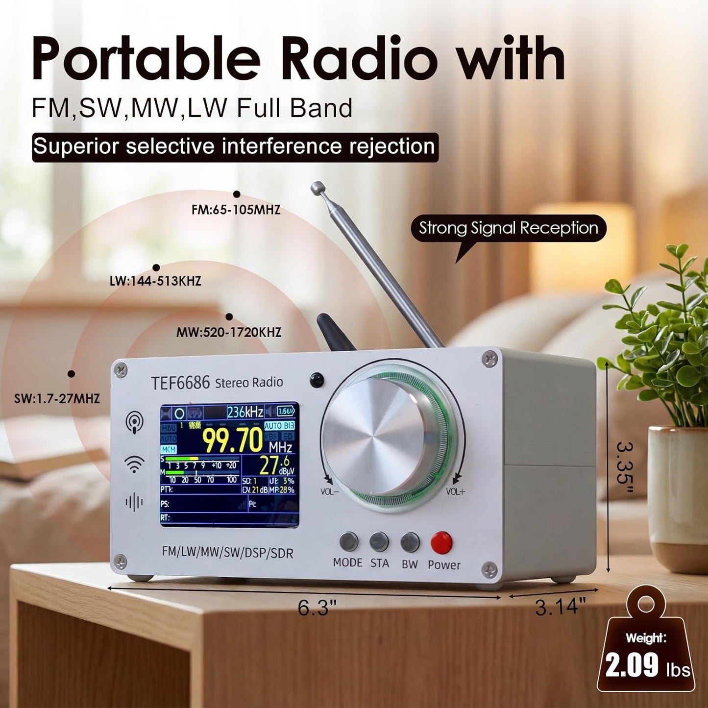 TEF6686 Full Band DSP Radio, High Sensitivity AM/FM Radio for FM,SW,MW,LW, Portable TFT Display SDR Indoor/Outdoor Radio for Ham/DXer
