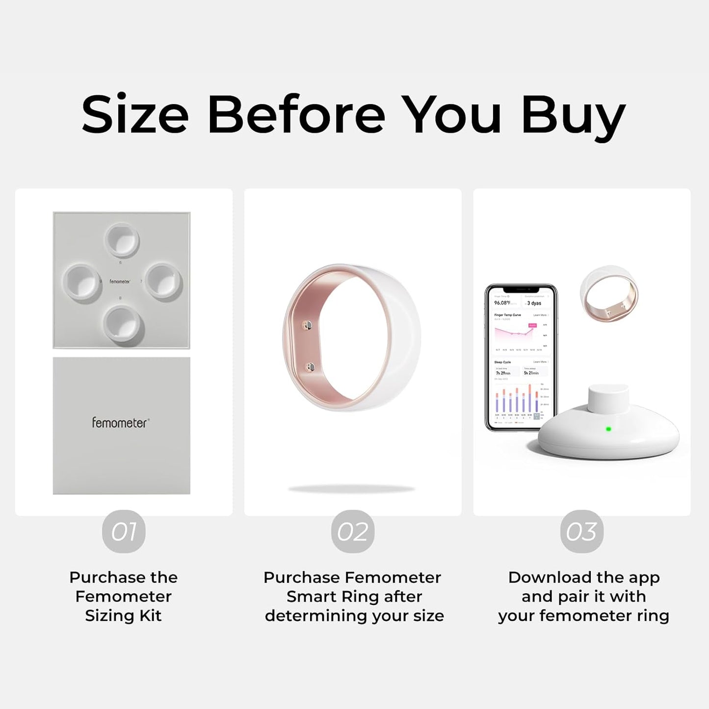 femometer Ring Gen1 for Fertility and Ovulation Tracking - Size First Sizing Kit - App Auto-Sync - Period & BBT Tracker - Sleep Analysis for Women - Rechargeable & Waterproof Size9