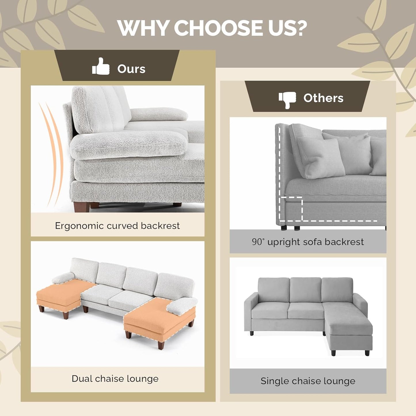 VINGLI 110' U-Shaped Sectional Couch with Two Chaise, Affordable Small Sofa with 4 Seats, Chenille Fabric Comfy Couches for Living Room, Beige