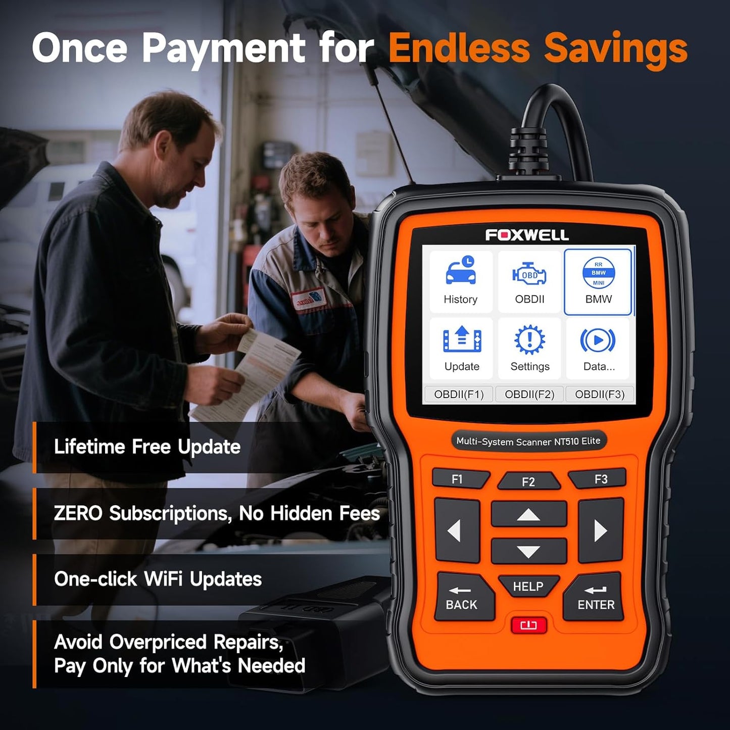 FOXWELL NT510 Elite Scan Tool fit for BMW Scanner Full Diagnostic Tool OBD2 Scanner, All System Bi-Directional Control Code Reader with All Reset Services, Battery Registration Tool fit for BMW Mini