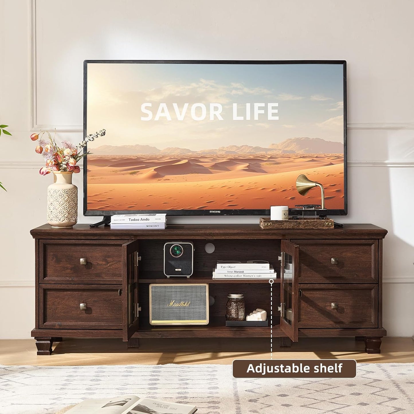 SAVOR LIFE Farmhouse TV Stand and Coffee Table Set 4, Rustic Wood Living Room Table Set with TV Console, Center Table, End Table Set of 2 for Living Room, Walnut