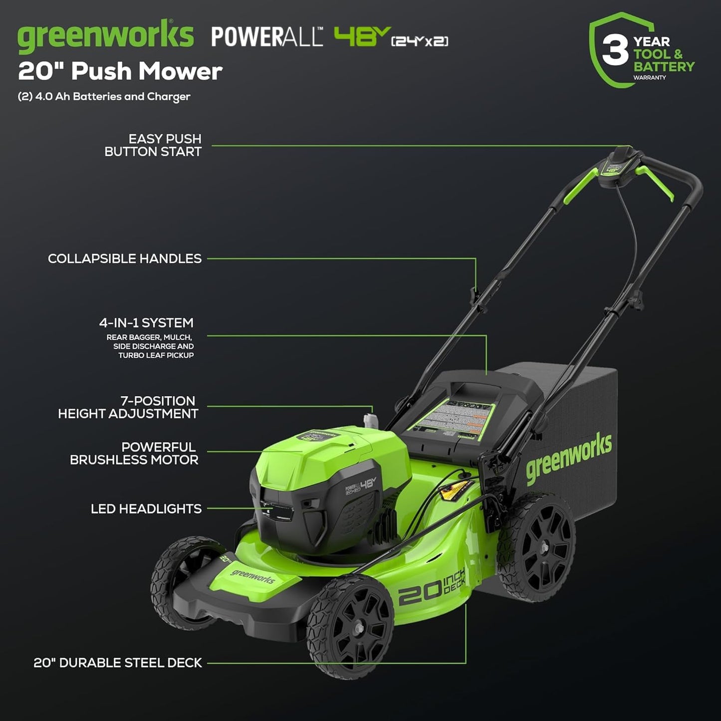 Greenworks 48V (24V x 2) 20" Brushless Cordless Lawn Mower + 12" String Trimmer + 320 CFM Leaf Blower Combo Kit with (2) 4.0Ah Batteries & Dual Port Fast Charger