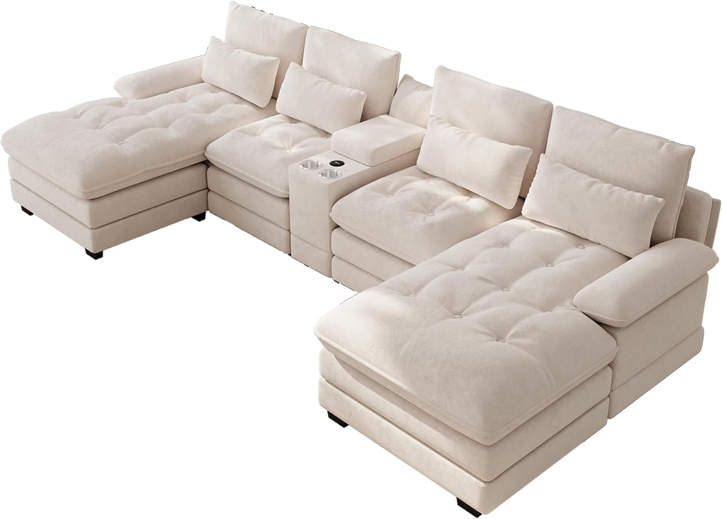 134"U Shaped Sectional Couch for Living Room, Modern Chenille 6 Seat Living Room Sofa Set with Storage Console, Oversized Modular Sectional Fluffy Couch with Tufted Buttons & Chaise Lounge,Beige