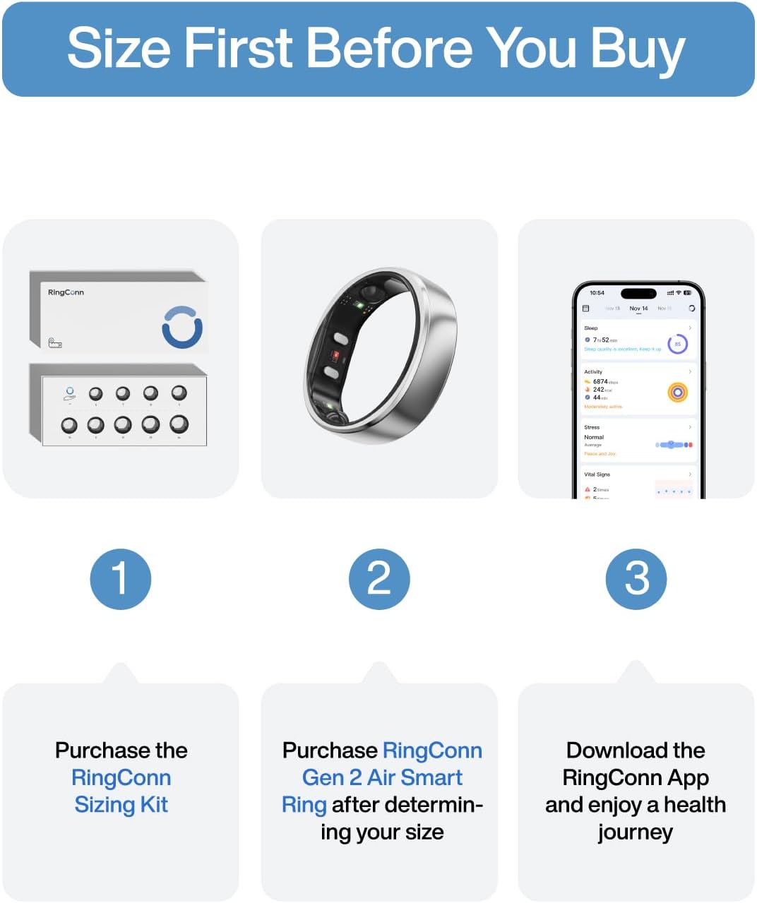 RingConn Gen 2 Air, Ultra-Thin AI Smart Ring, 10-Day Battery Life, Fitness/Sleep/Stress/HR Tracker for Women&Men, No App Fee for Standard Features, iOS & Android Compatible (Size 7, Galaxy Sliver)