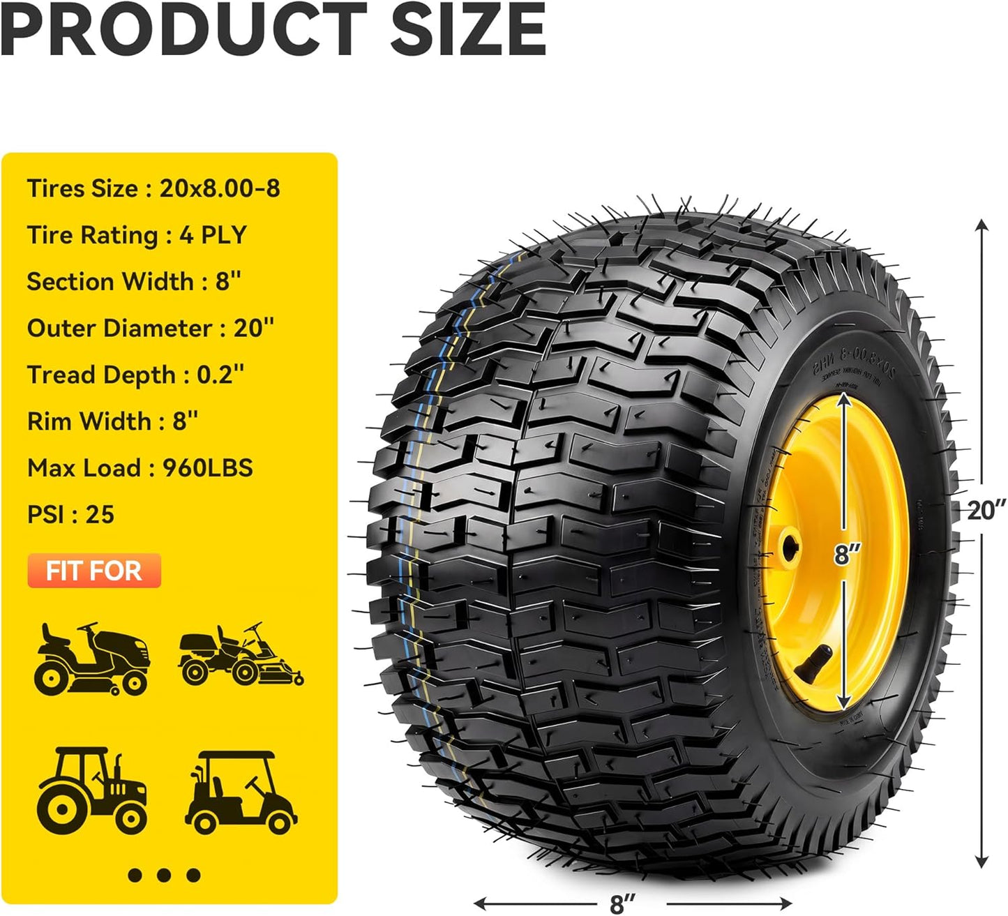 YITAMOTOR 20x8.00-8 Lawn Mower Tires & Wheel Assemblies, 4 Ply Tubeless Front Tires Replacement Fits Lawn Tractors, More Riding Mowers & Garden Vehicle | 3/4" Bore Hole, 3/16" Keyway, 960LBS (2 Pack)
