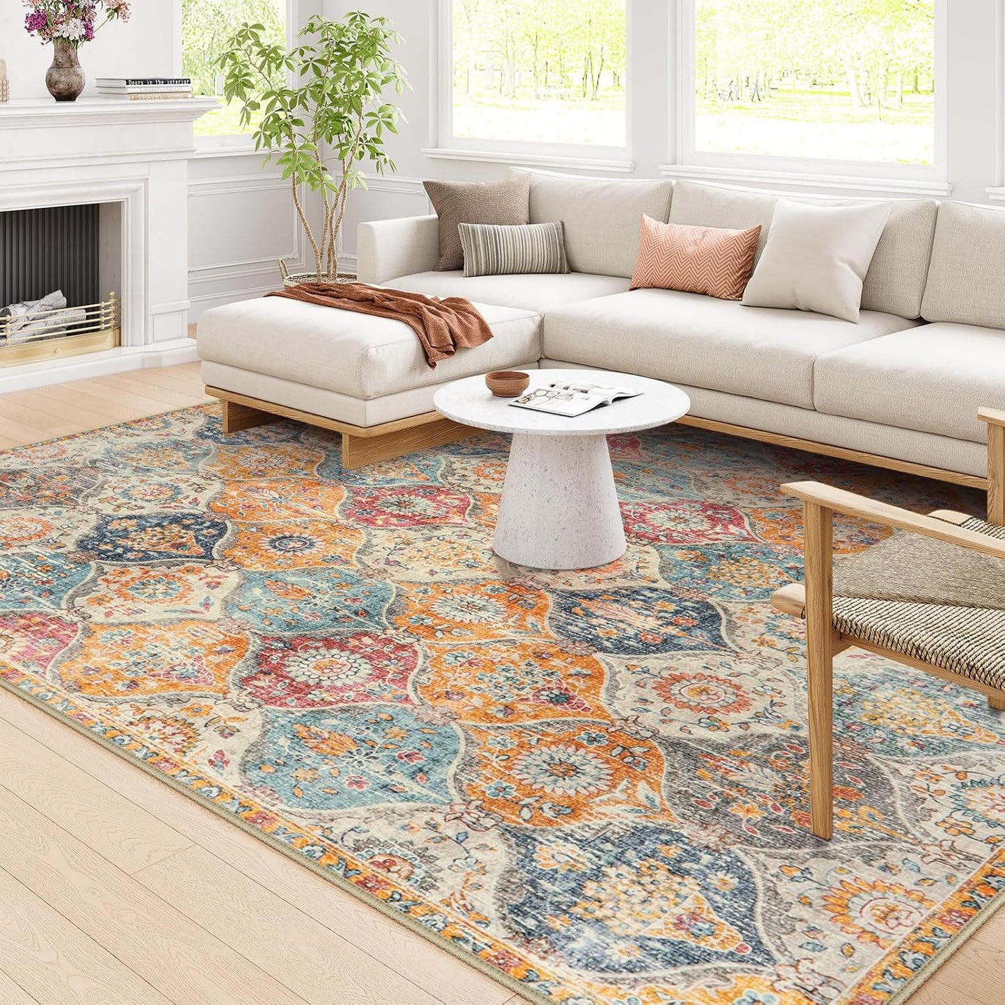 Lahome Moroccan Washable Area Rugs 8x10, 8x10 Rugs for Living Room Bedroom, Non Slip Low Pile Distressed Stain Resistant Rug for Kids Pets High Traffic Areas Elise, Burnt Orange