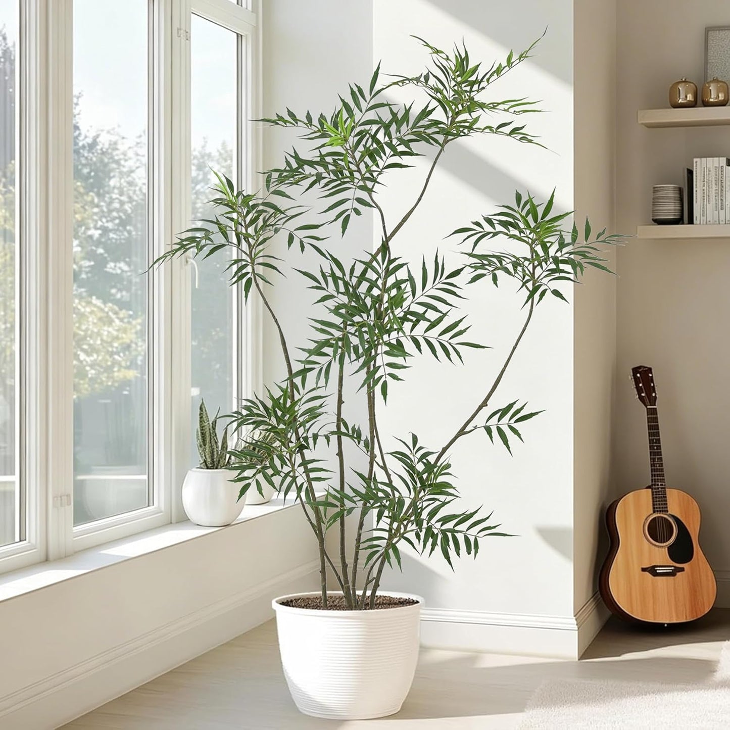 Artificial Mahonia Fortunei Tree 6FT - Faux Trees Indoor with 576 Lifelike Vivid Leaves and 7 Heads, 72" Tall Fake Potted Plant for Home Office Living Room Decor Housewarming Gift