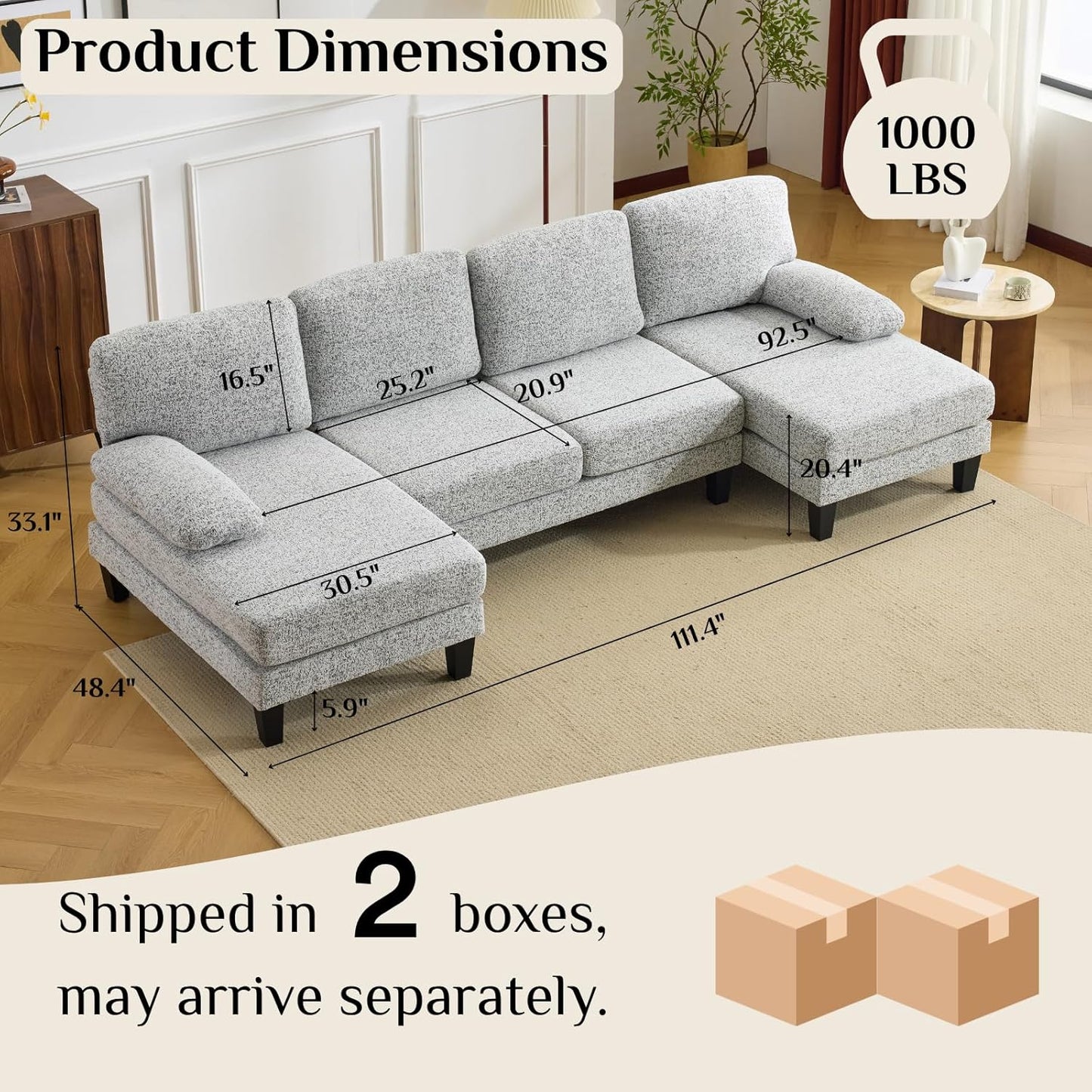 Karl home 110" U-Shape Sectional Couches for Living Room Chenille Upholstery 4 Seat Sofa Set with Double Chaises & Wood Grain Legs for Apartment, White & Grey
