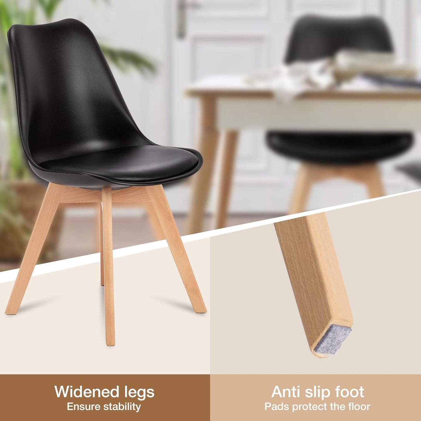 OLIXIS Dining Chairs Set of 8 Kitchen Mid Century Modern Chairs with Wood Legs and PU Leather Cushion for Living Room Bedroom Outdoor Lounge, Black